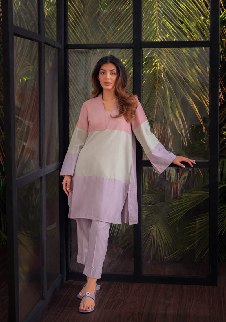 Pastel Color Block Kurta With Pant Set