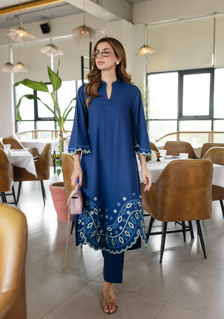 Sapphire Blue Embroidered Cotton Kurta Set