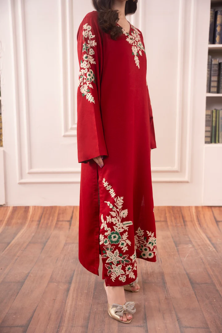 Opal Red Embroidered Kurta With Pant Set - Image 4