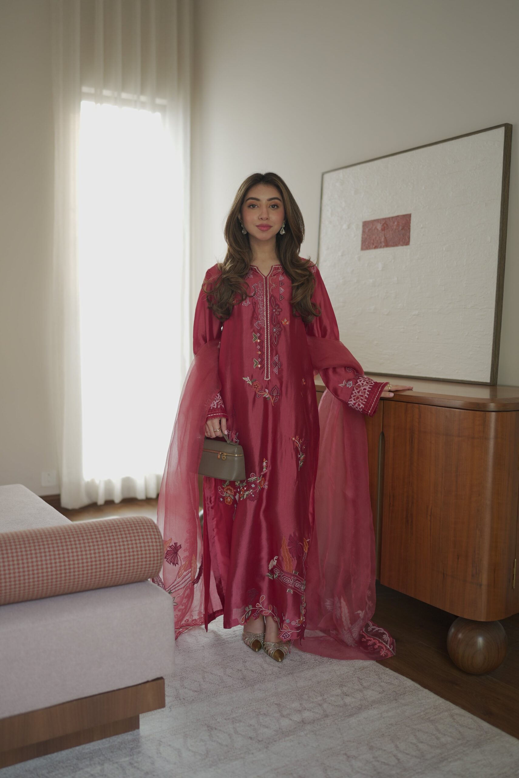 Sunset Coral Embroidered Suit Set With Dupatta