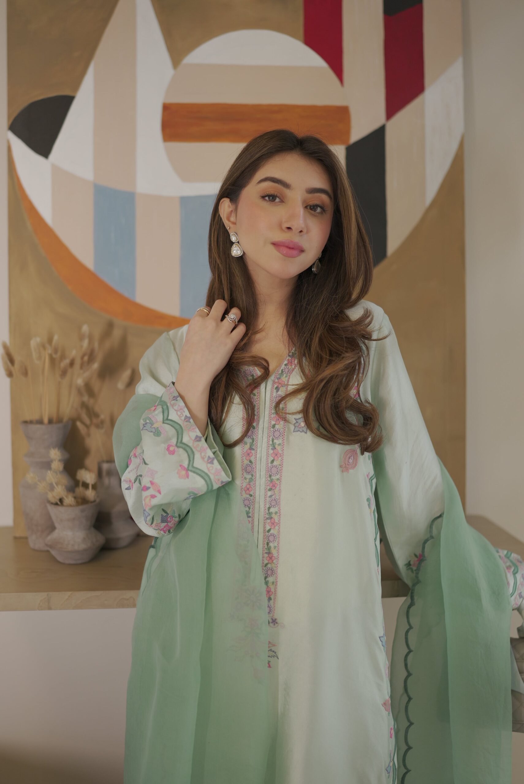 Cotton Candy Embroidered Suit Set With Dupatta - Image 3