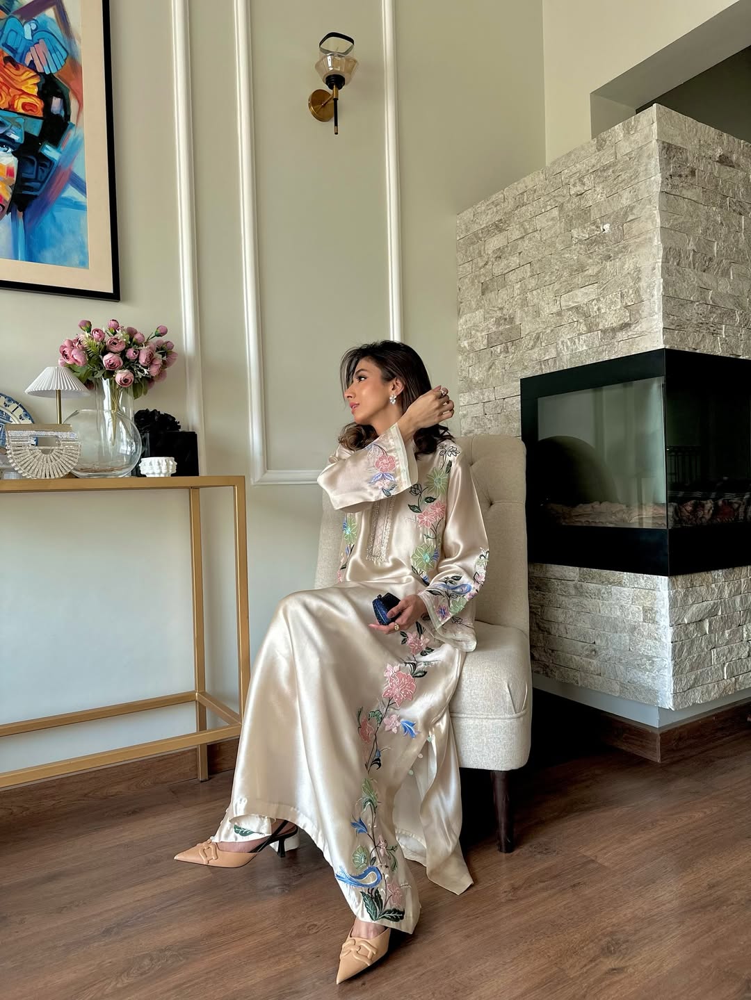 Fawn Embroidered Ankle Length Kurta With Trouser Set - Image 5