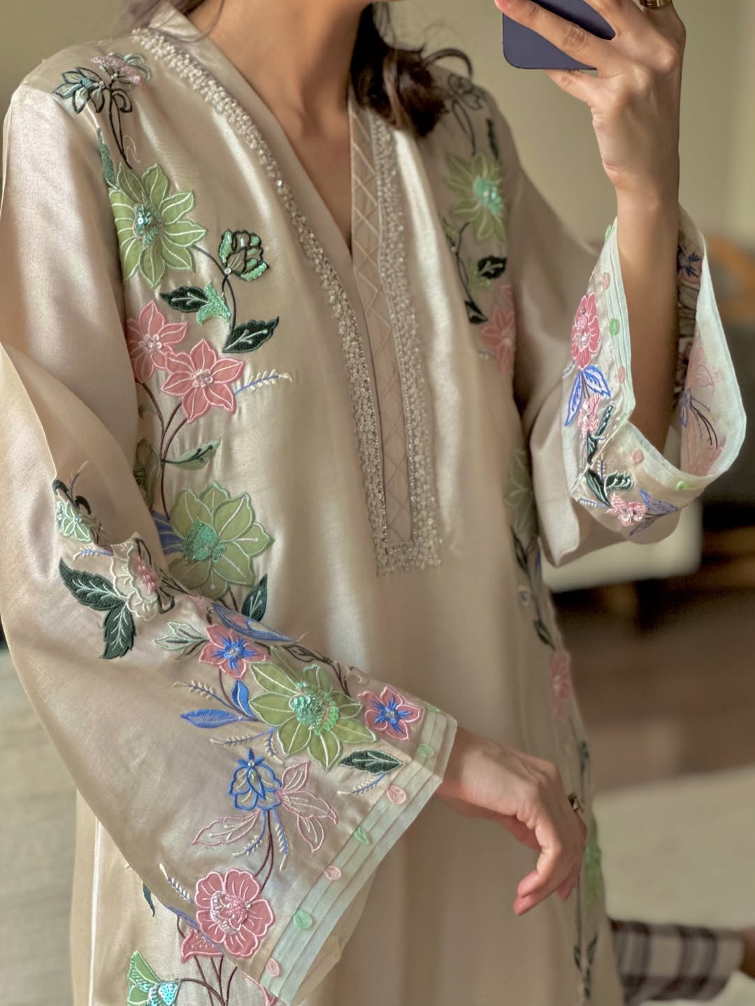 Fawn Embroidered Ankle Length Kurta With Trouser Set - Image 7