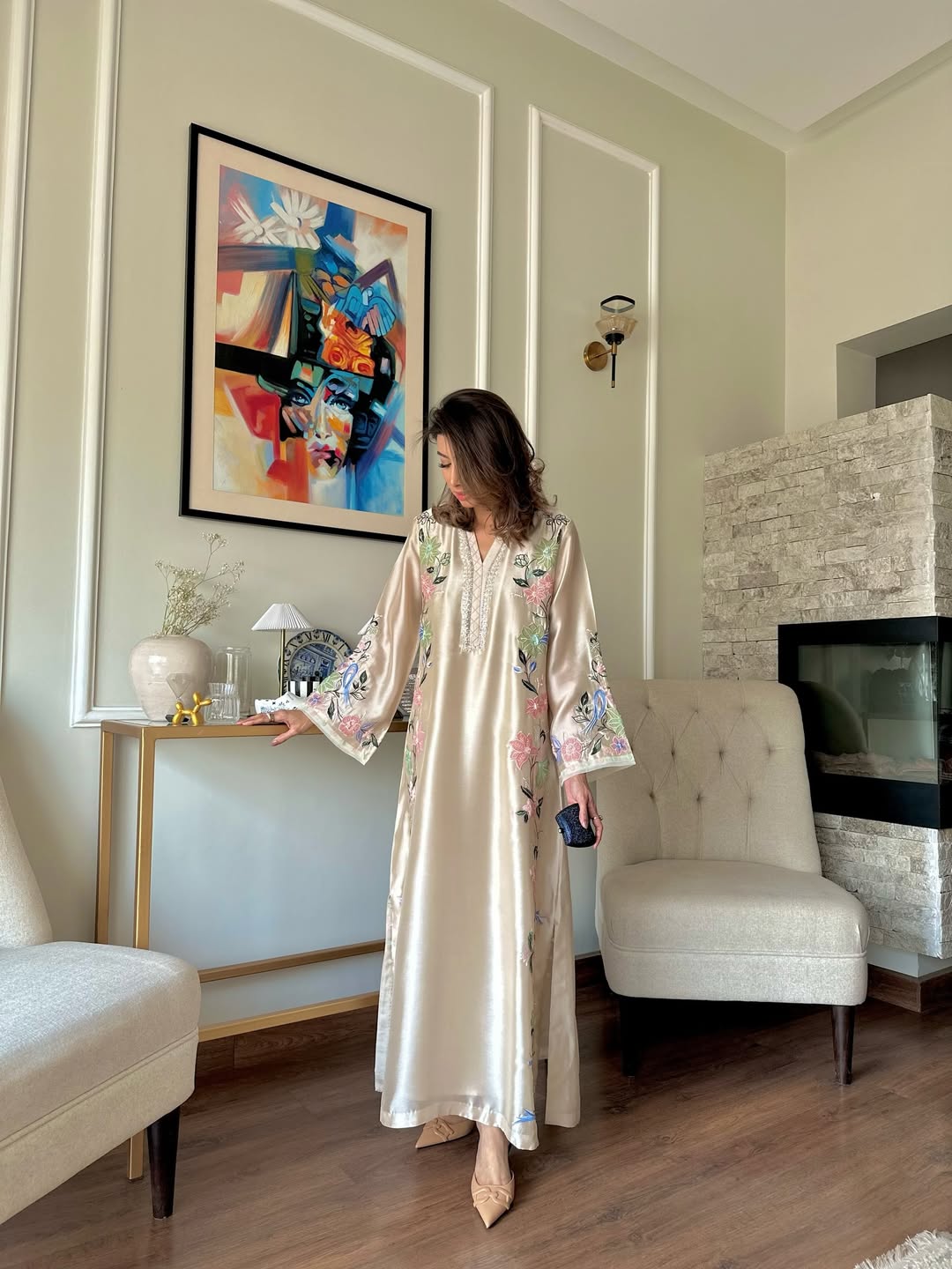 Fawn Embroidered Ankle Length Kurta With Trouser Set