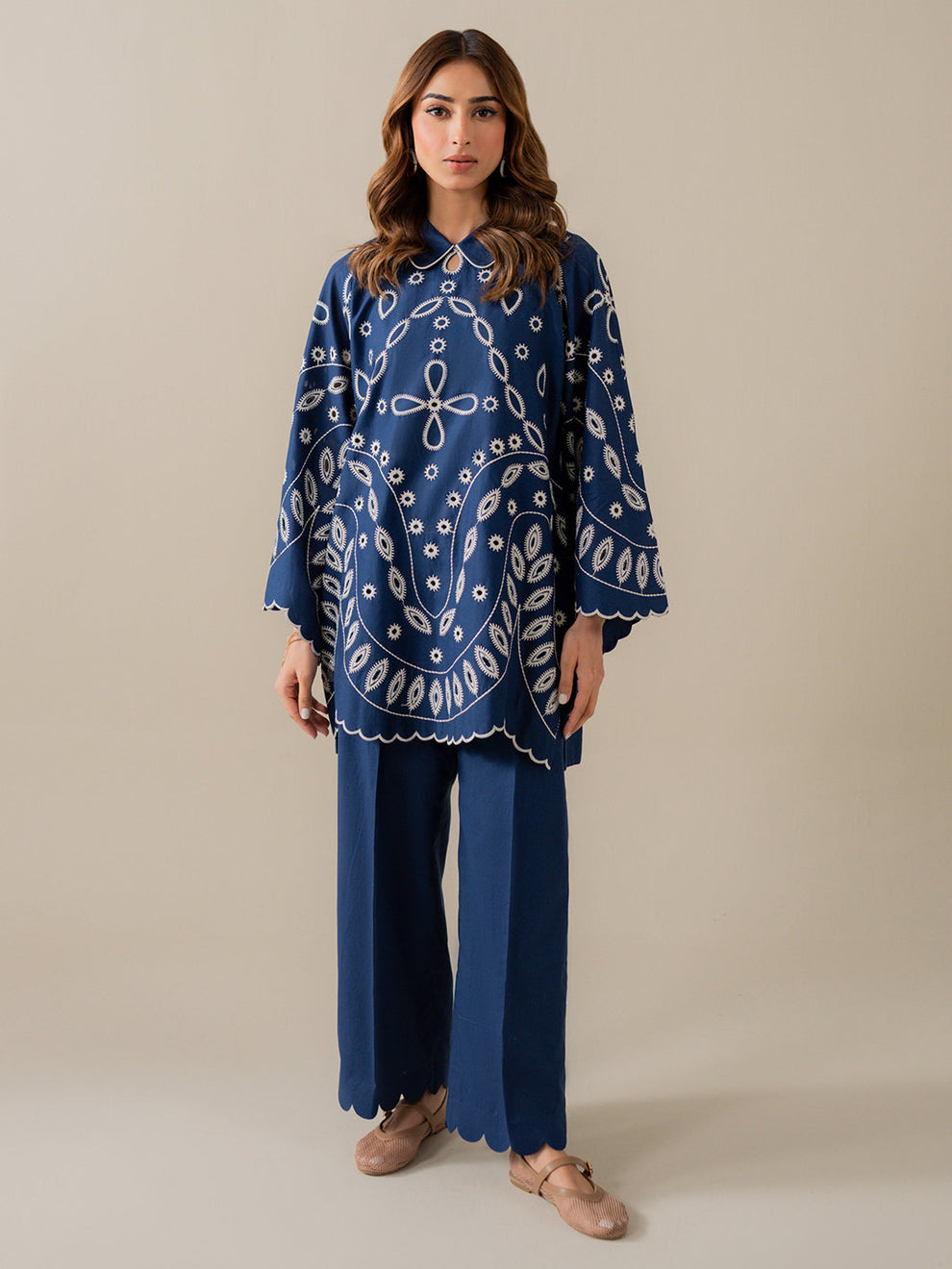 Indigo Embroidered Cotton Kurta With Pant Set
