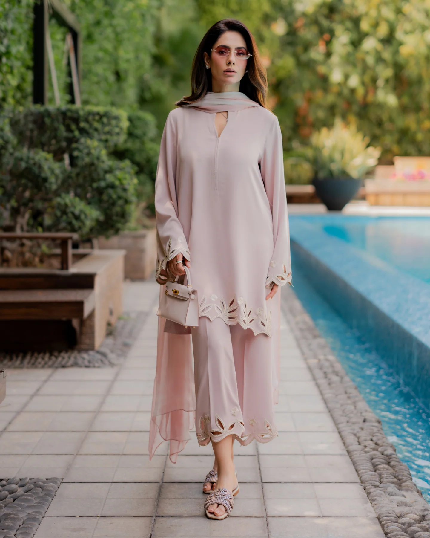 Muted Pink Cotton Embroidered Suit Set With Dupatta