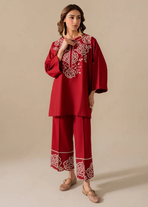 Crimson Due Embroidered Cotton Co - Ord Set