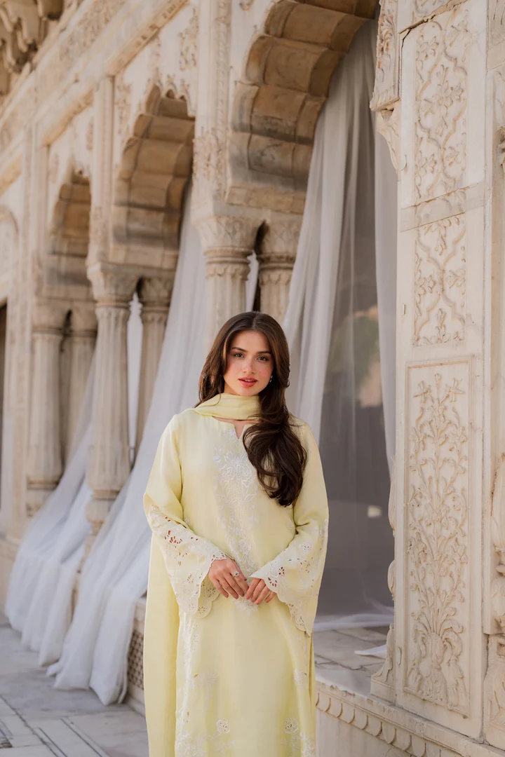 Syra Lemon Embroidered Suit Set With Dupatta - Image 3