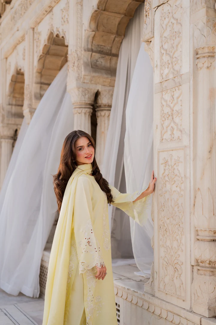 Syra Lemon Embroidered Suit Set With Dupatta - Image 4
