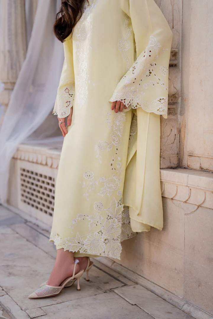 Syra Lemon Embroidered Suit Set With Dupatta - Image 6