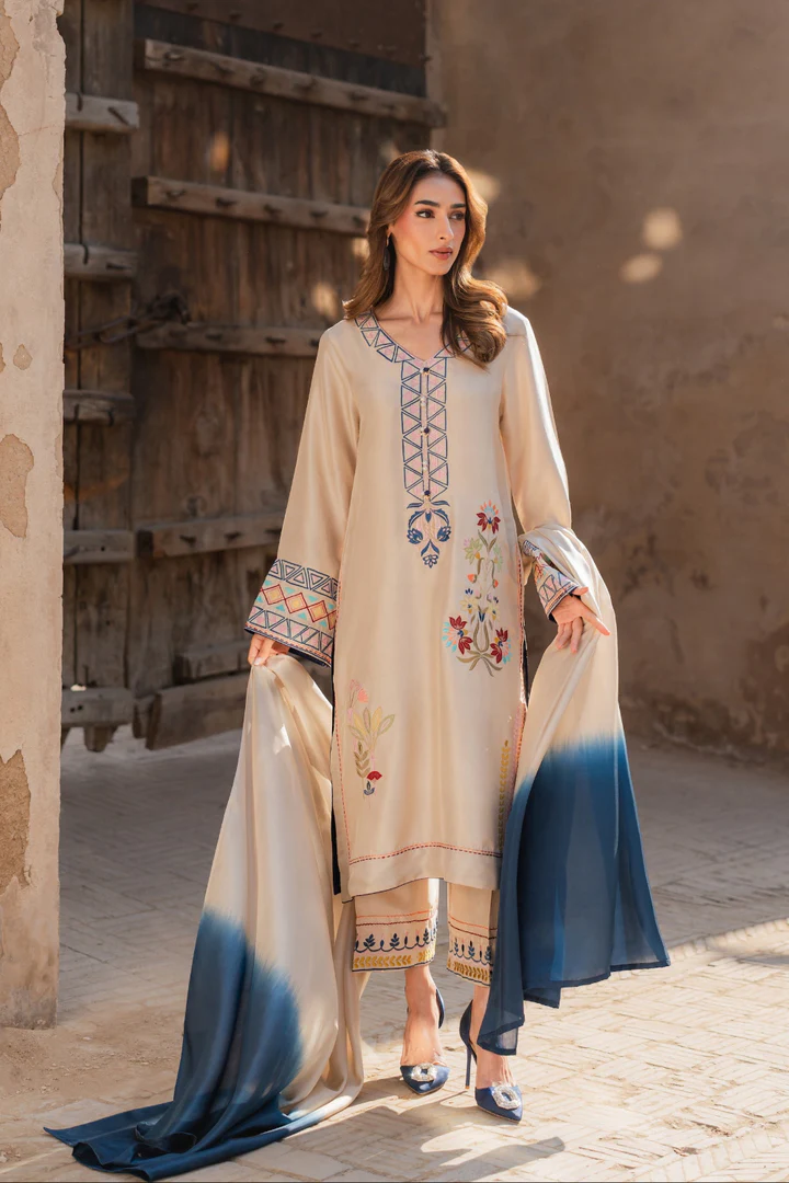 Nemal Beige Embroidered Suit Set With Dupatta