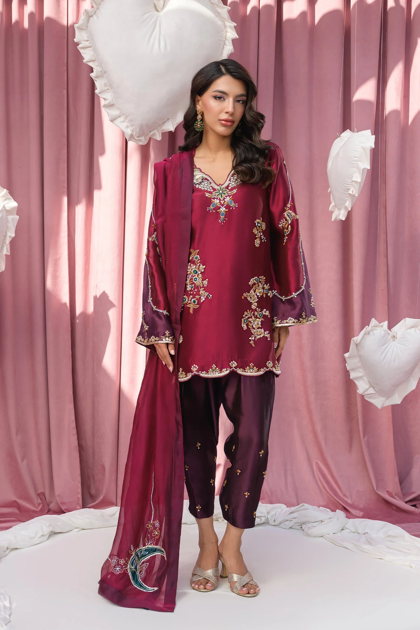 Burgundy Hand Embroidered Suit set With Dupatta