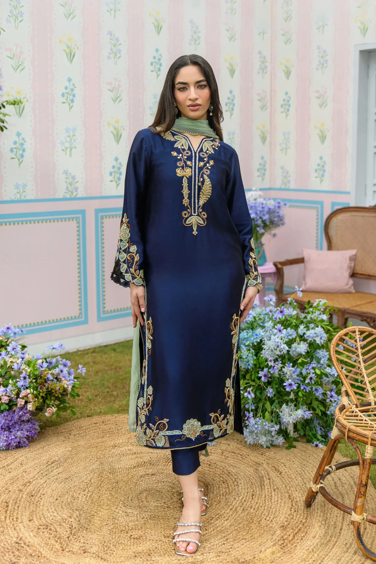 Midnight Blue Hand Embroidered Suit set with Dupatta