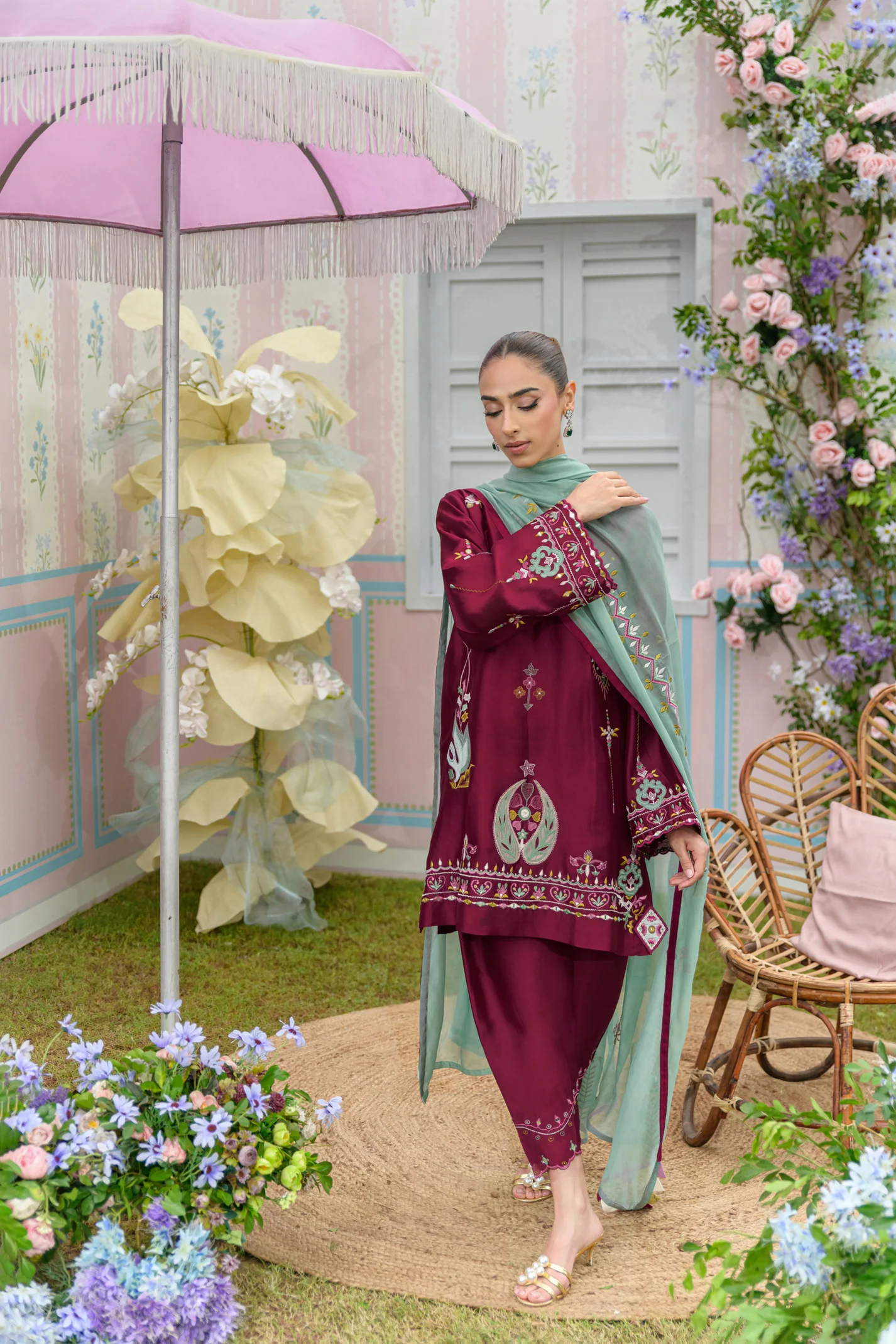 Mini Cherry Hand Embroidered Suit Set With Dupatta - Image 3