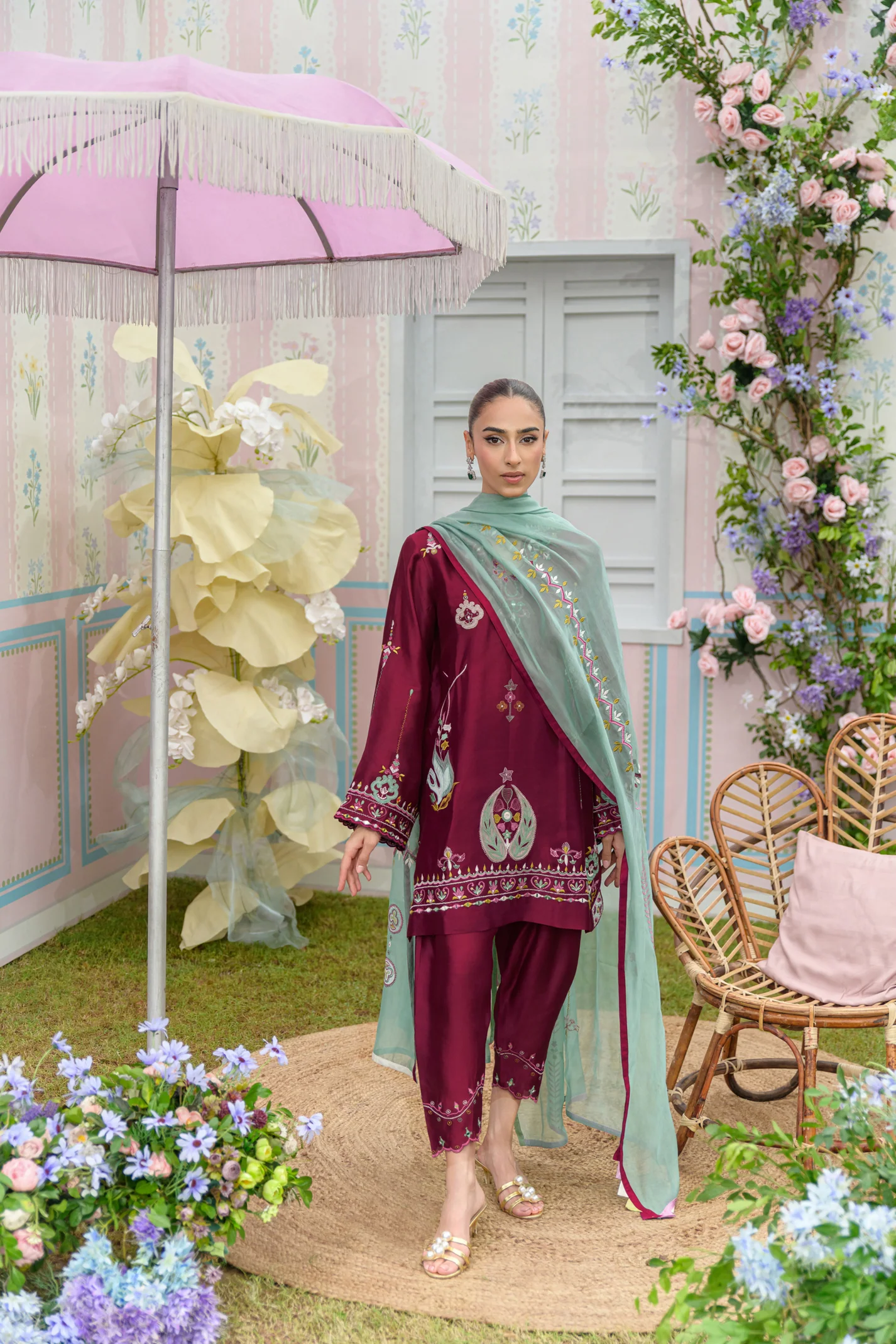 Mini Cherry Hand Embroidered Suit Set With Dupatta