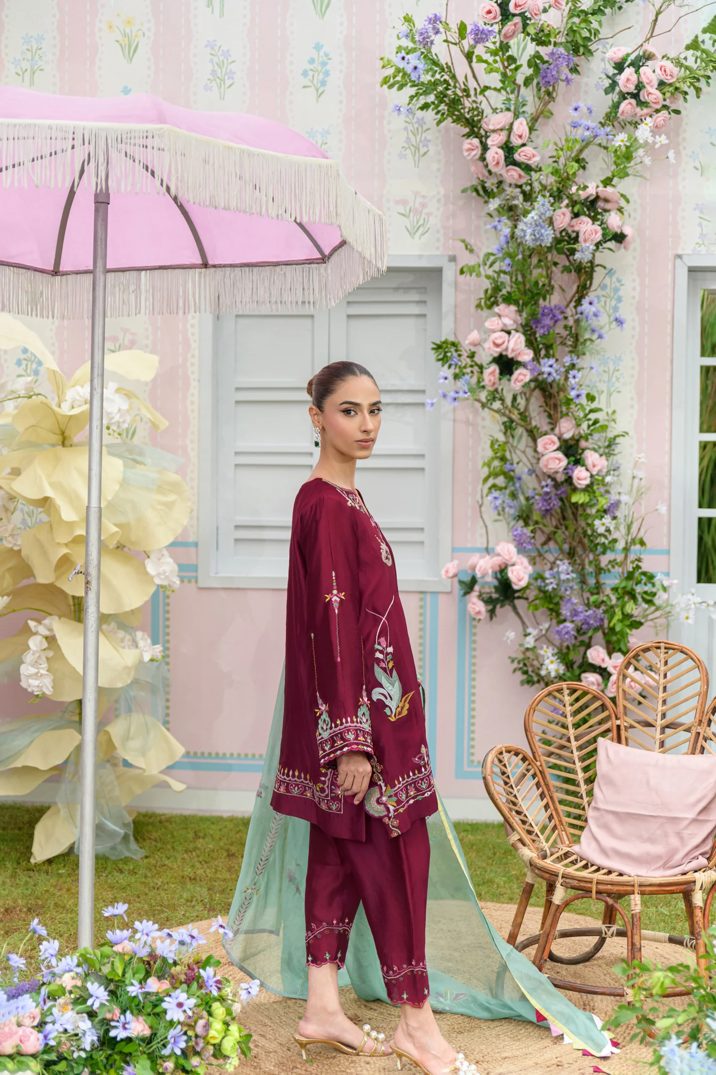 Mini Cherry Hand Embroidered Suit Set With Dupatta - Image 4