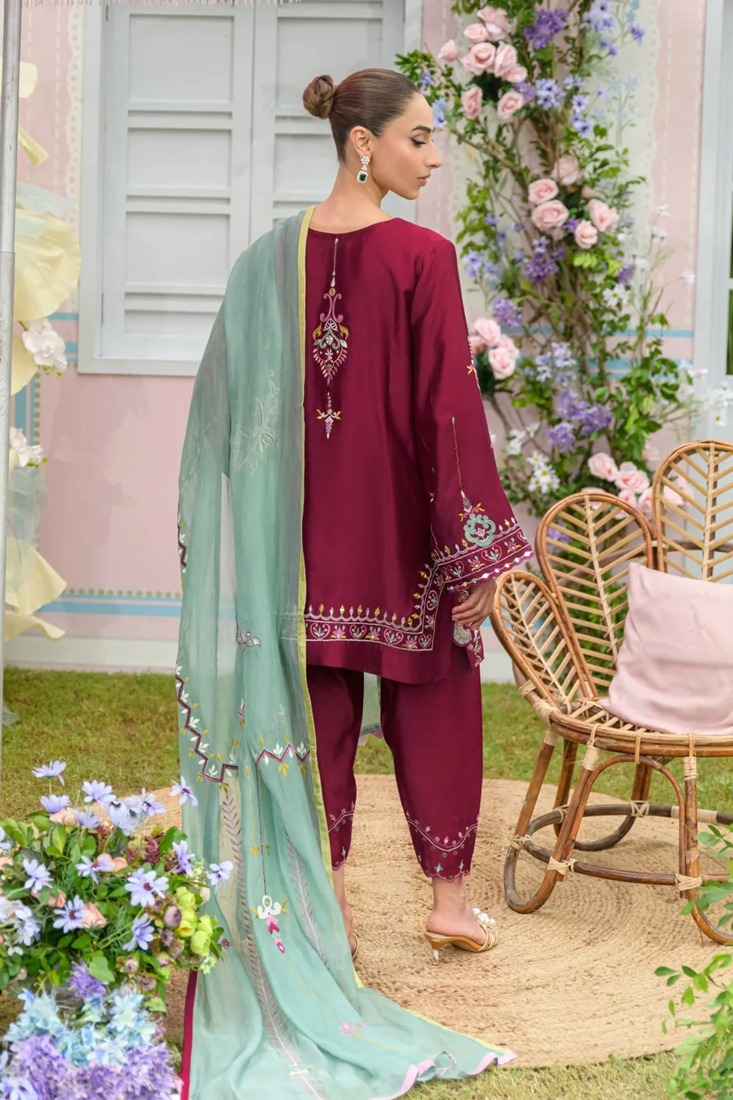 Mini Cherry Hand Embroidered Suit Set With Dupatta - Image 5