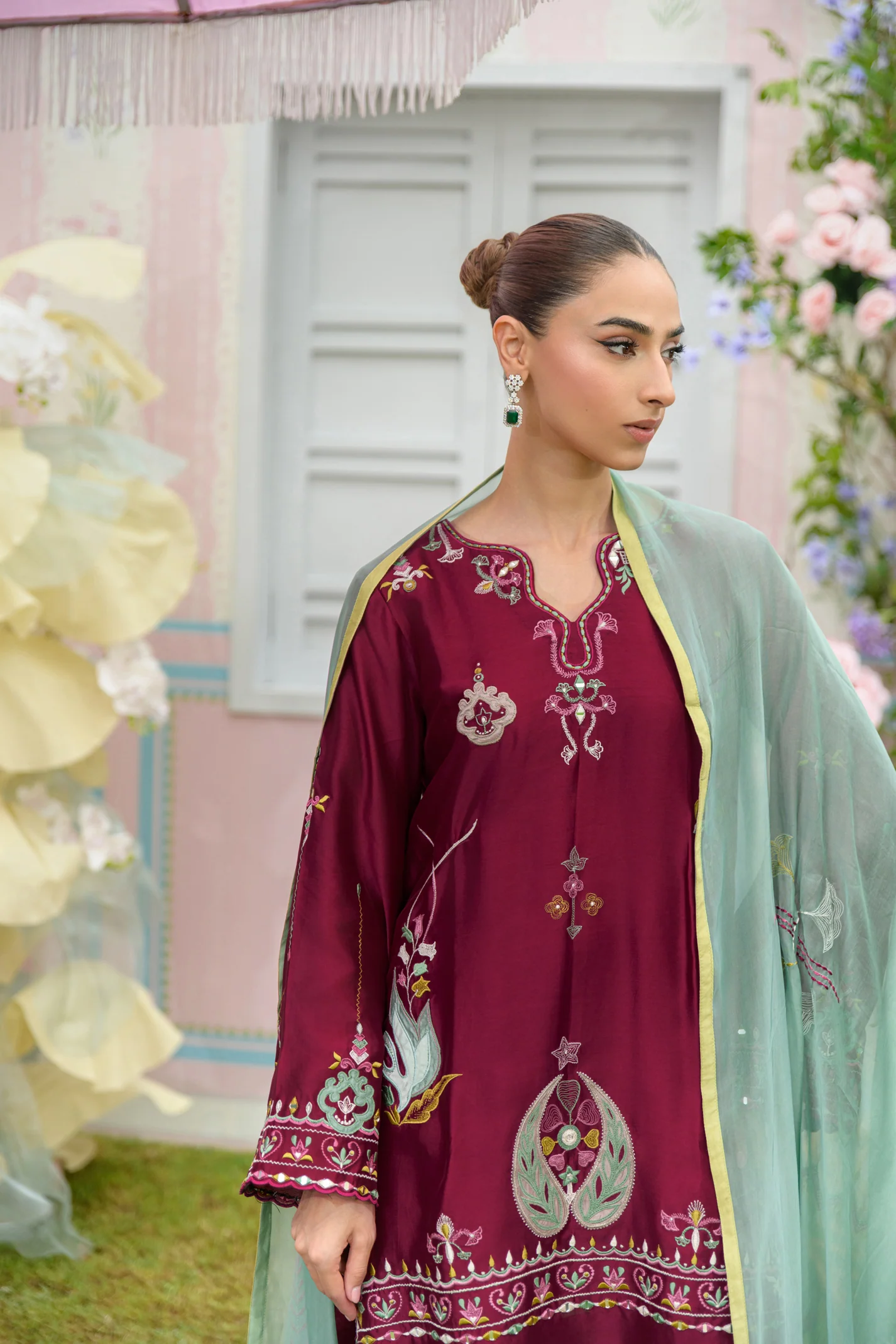 Mini Cherry Hand Embroidered Suit Set With Dupatta - Image 7