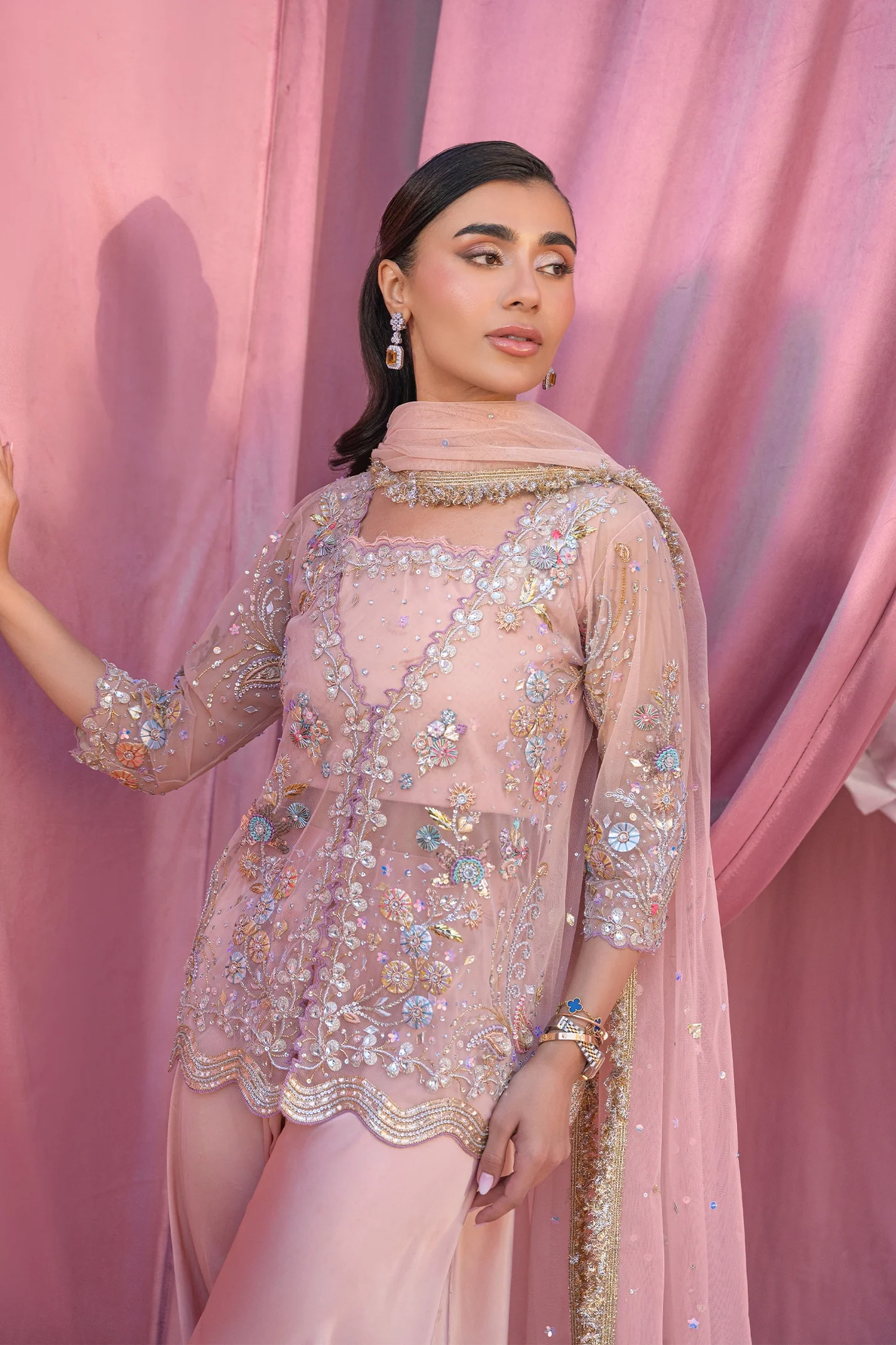 Icy Pink Dust Hand Embroidered Jacket Set With dupatta - Image 9