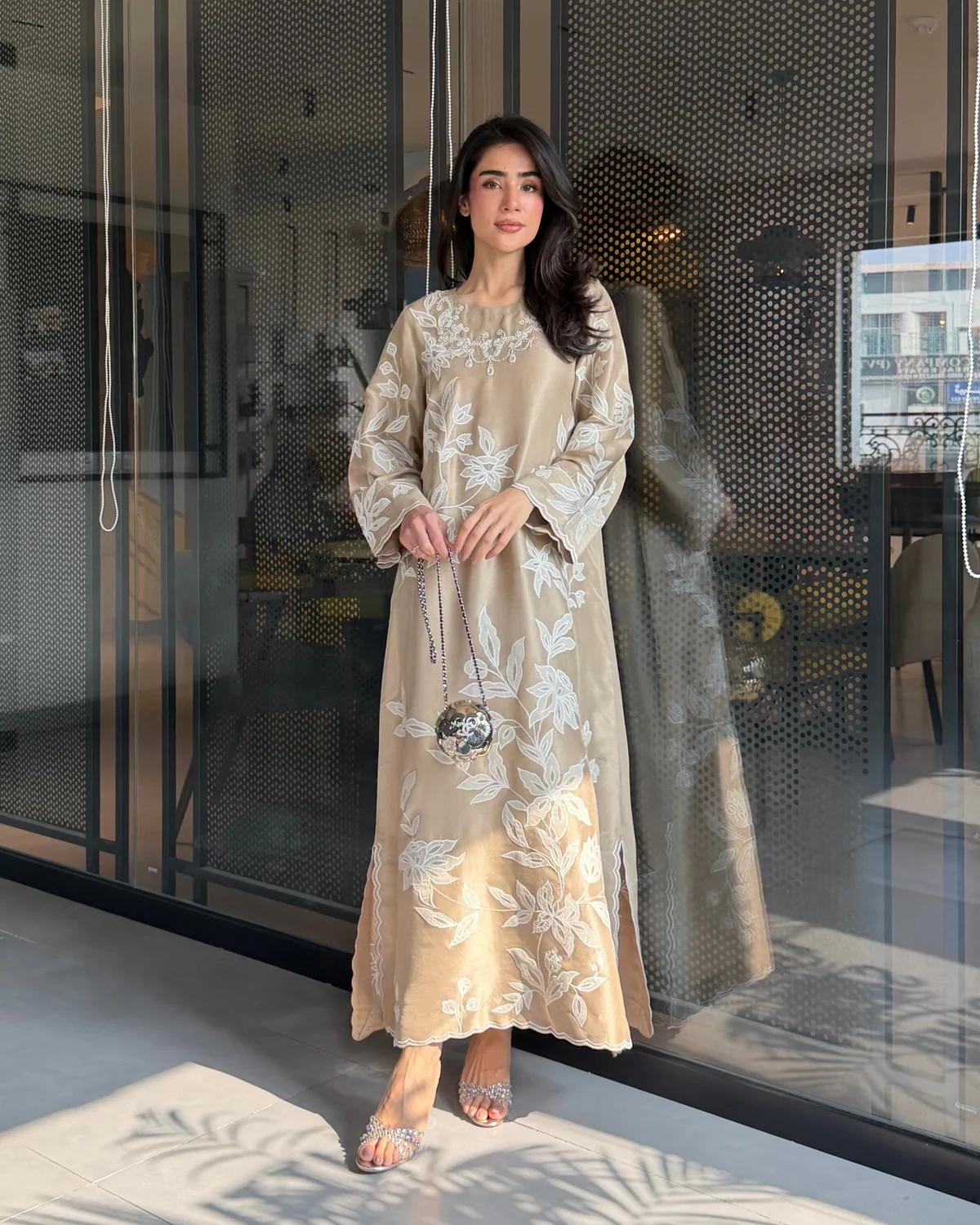 Beige Kaftan Style Embroidered Set With Pant