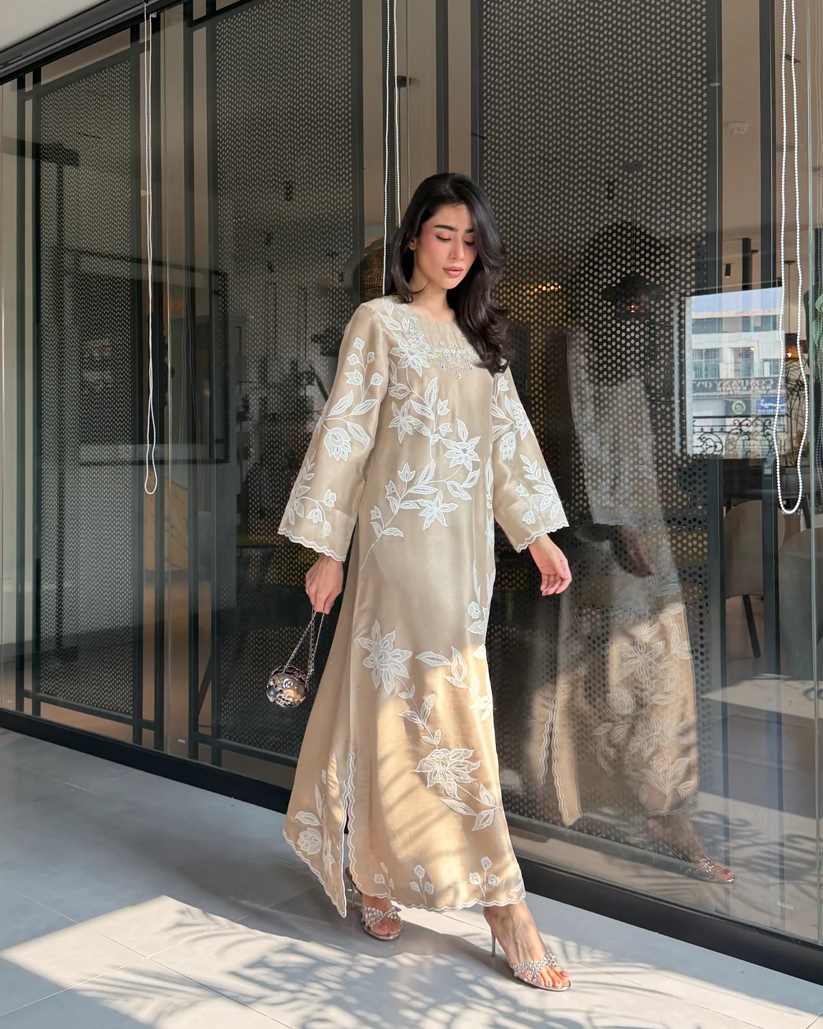 Beige Kaftan Style Embroidered Set With Pant - Image 3