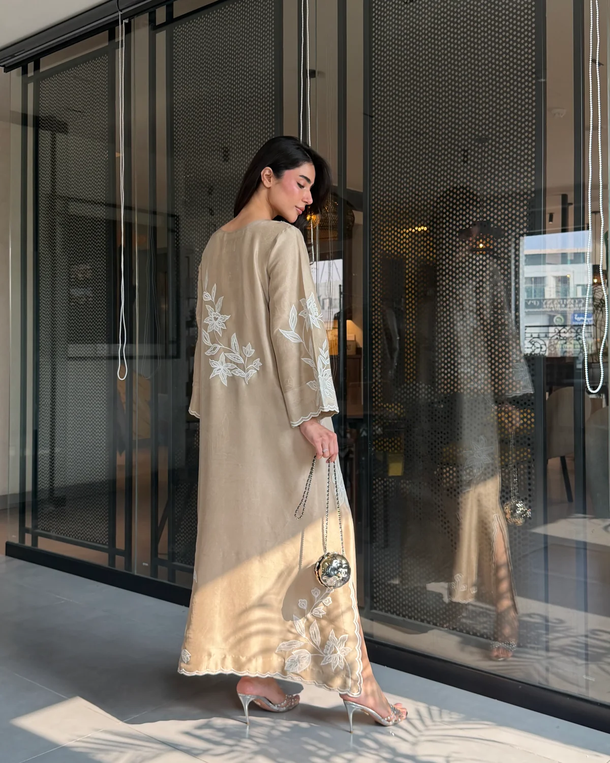 Beige Kaftan Style Embroidered Set With Pant - Image 4
