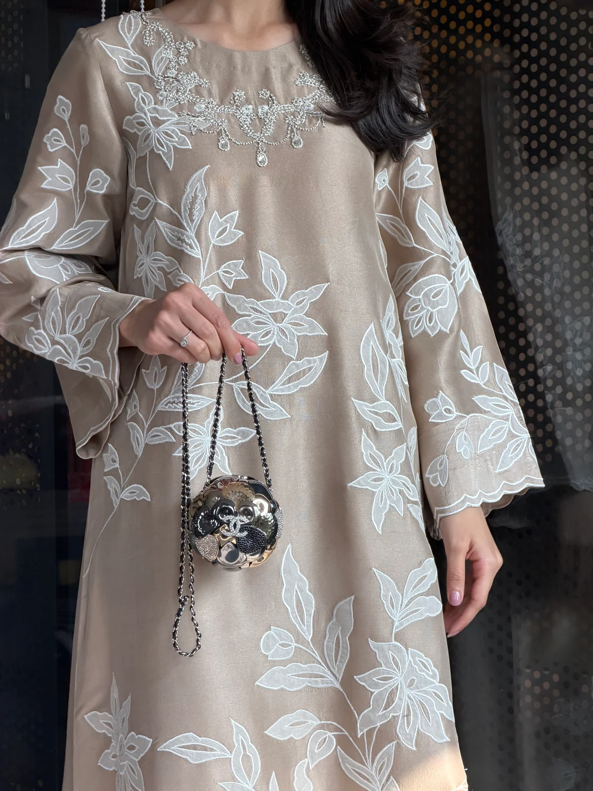 Beige Kaftan Style Embroidered Set With Pant - Image 5