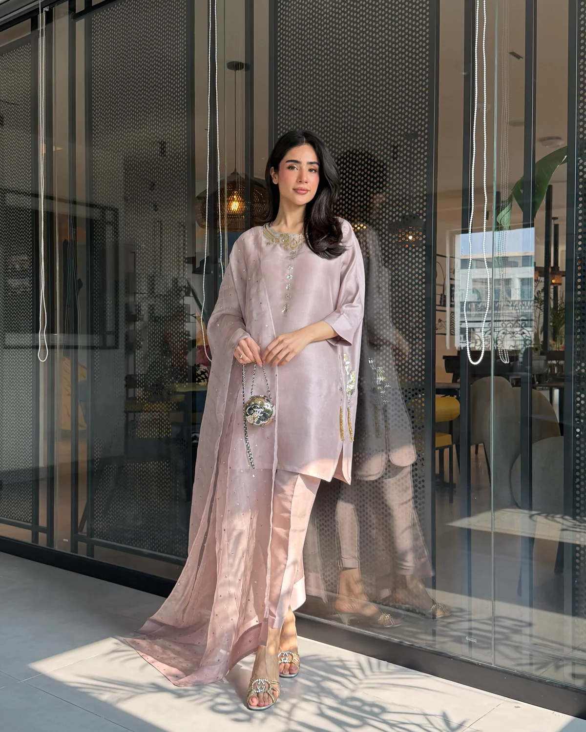 Twilight Pink Hand Embroidered Suit Set With Dupatta