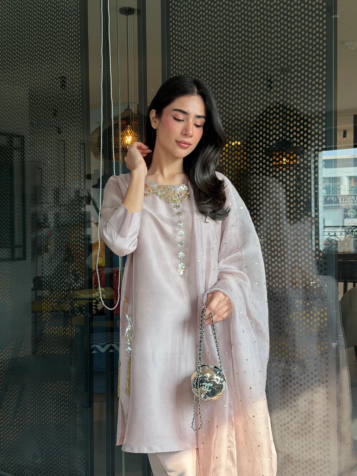 Twilight Pink Hand Embroidered Suit Set With Dupatta - Image 3