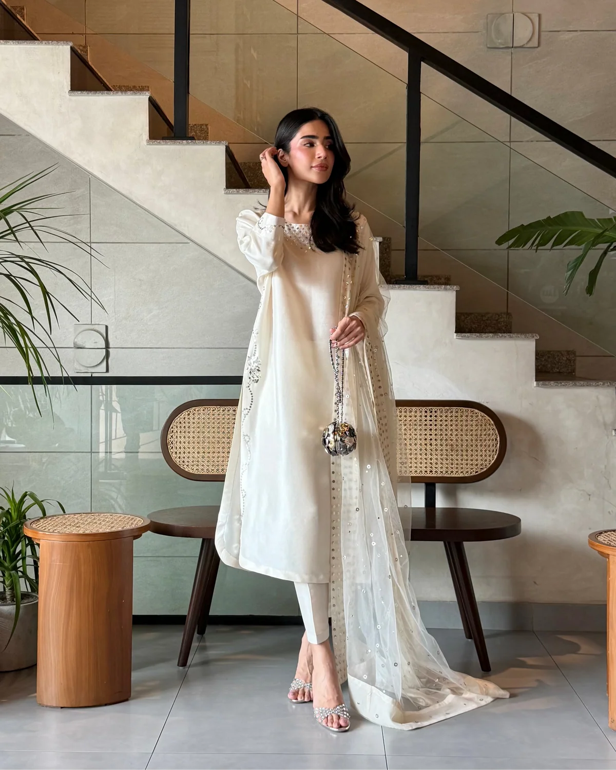 Ivory Flowing hand Embroidered Suit set With Dupatta