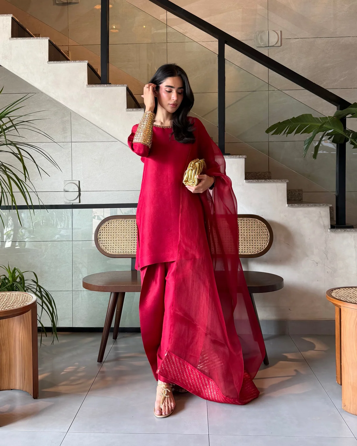 Scarlet Red Embroidered Salwar Suit Set With Dupatta
