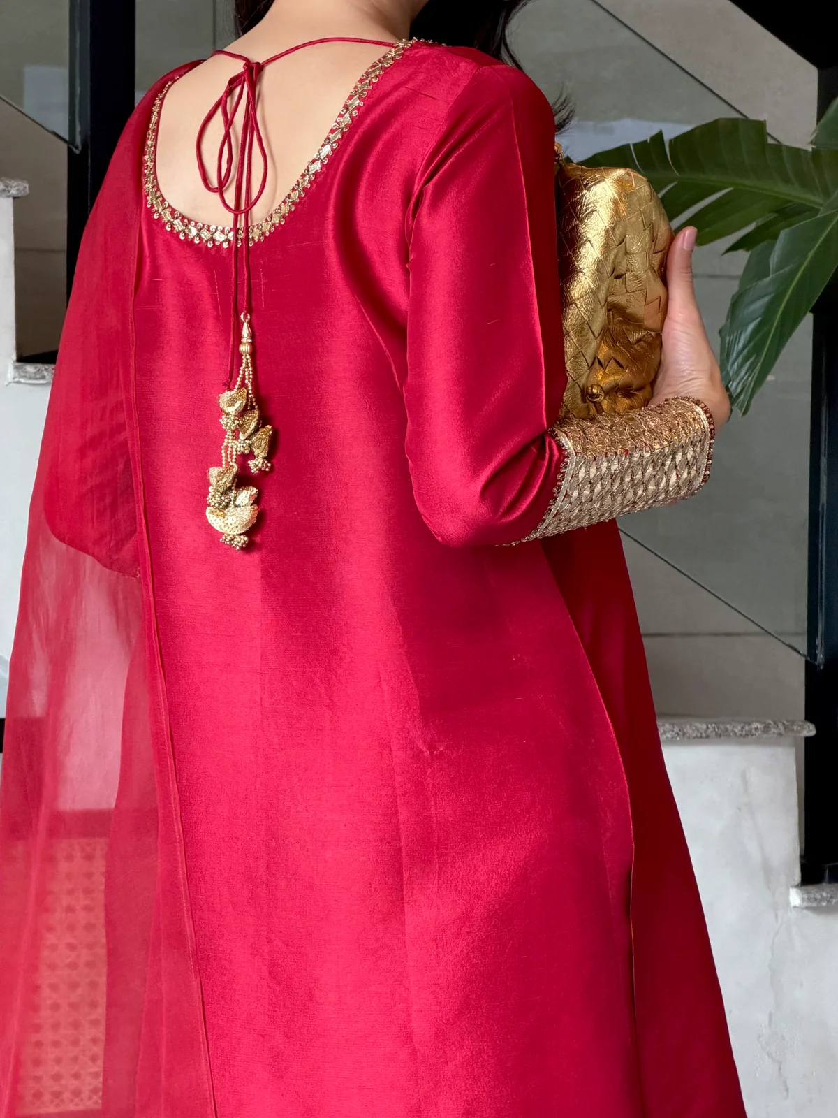 Scarlet Red Embroidered Salwar Suit Set With Dupatta - Image 3