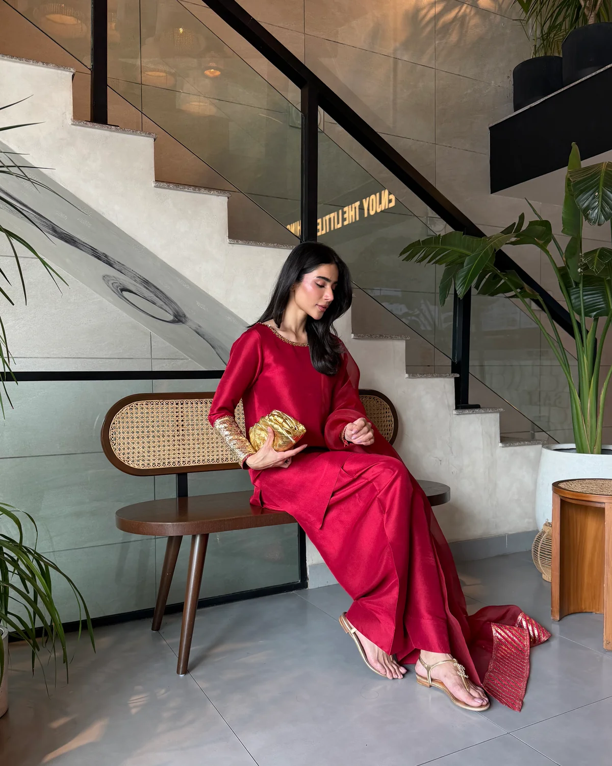 Scarlet Red Embroidered Salwar Suit Set With Dupatta - Image 4