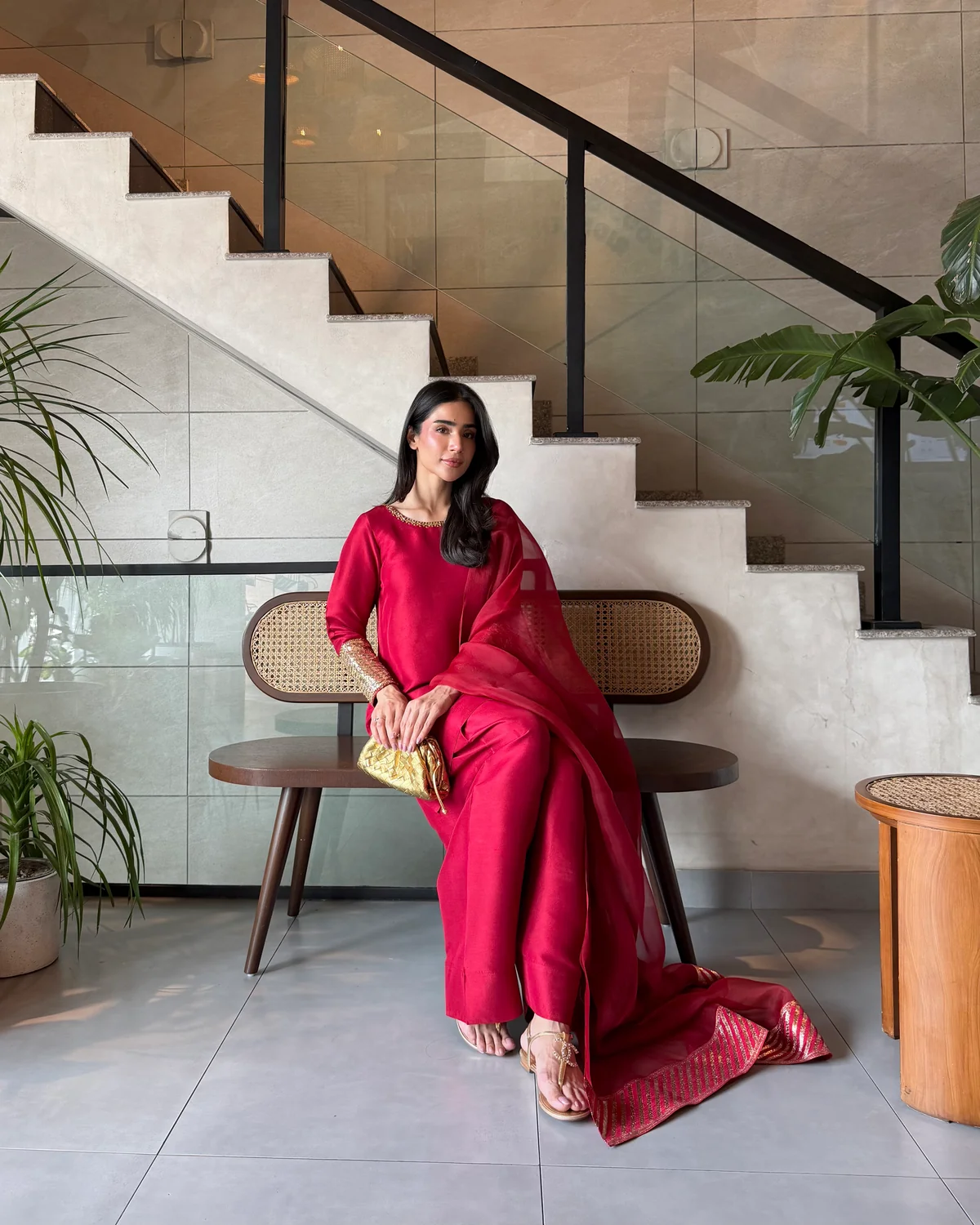 Scarlet Red Embroidered Salwar Suit Set With Dupatta - Image 5