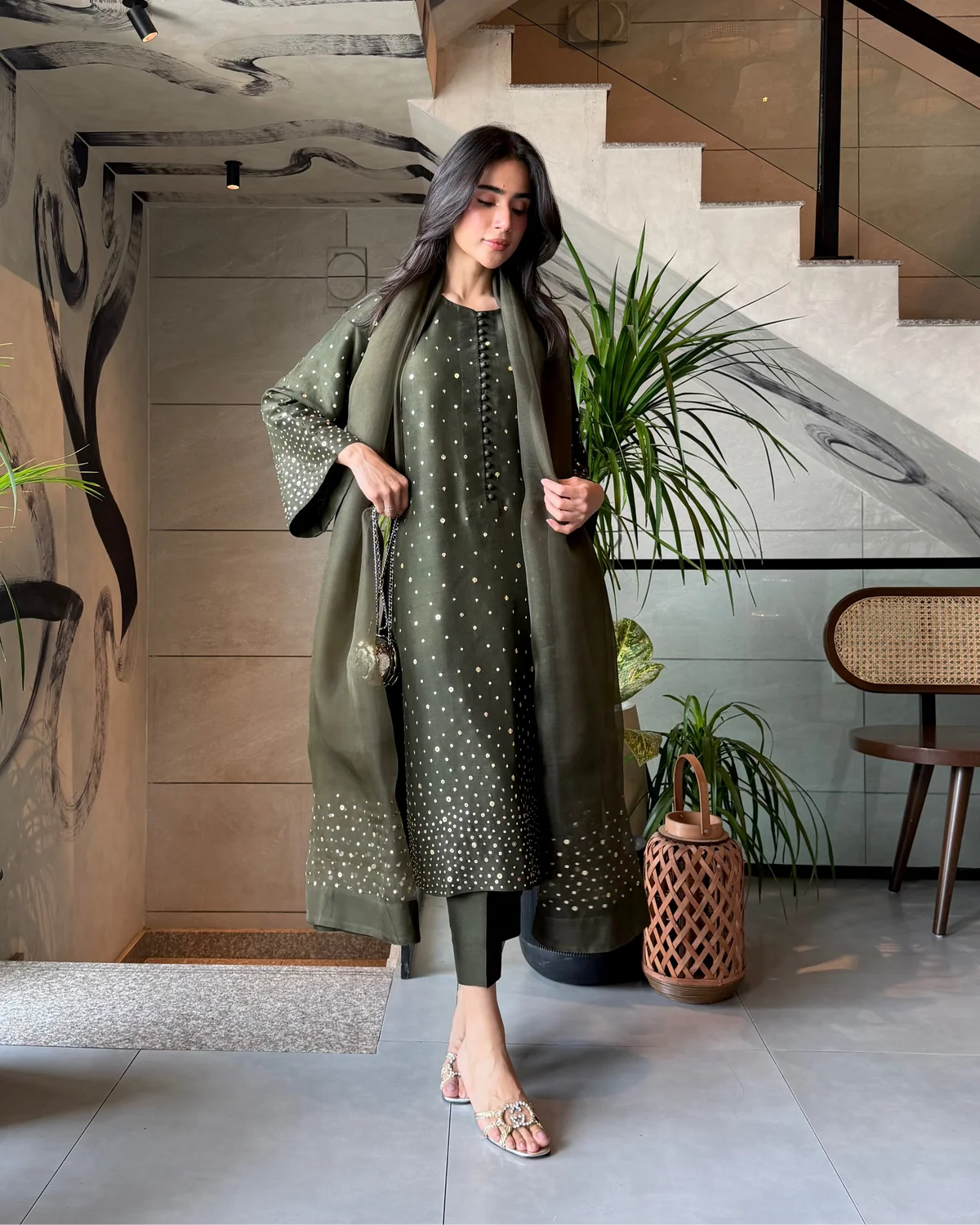 Seaweed Green Hand Embroidered Suit Set With Dupatta