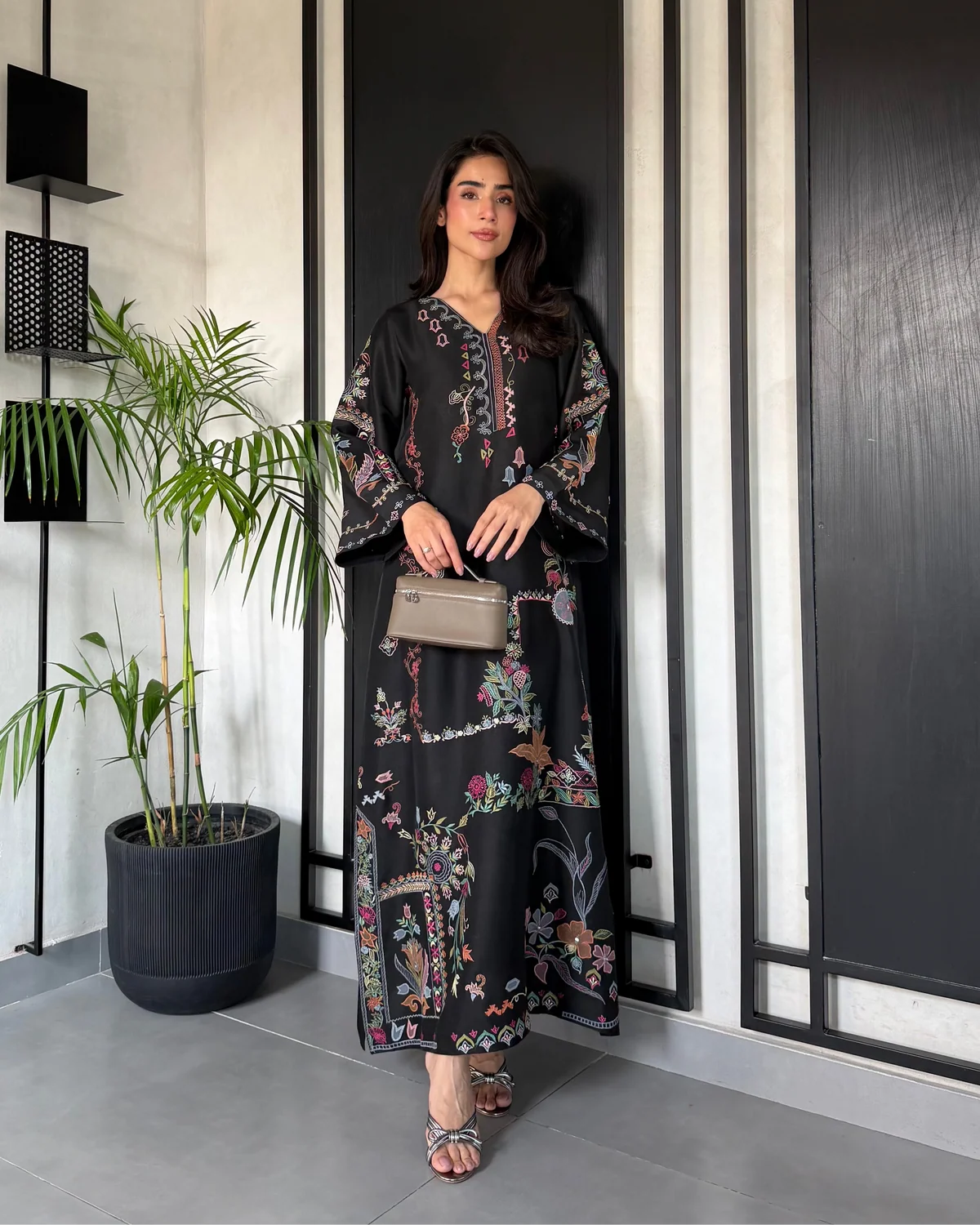 Black Kaftan Style Embroidered Set With Pant