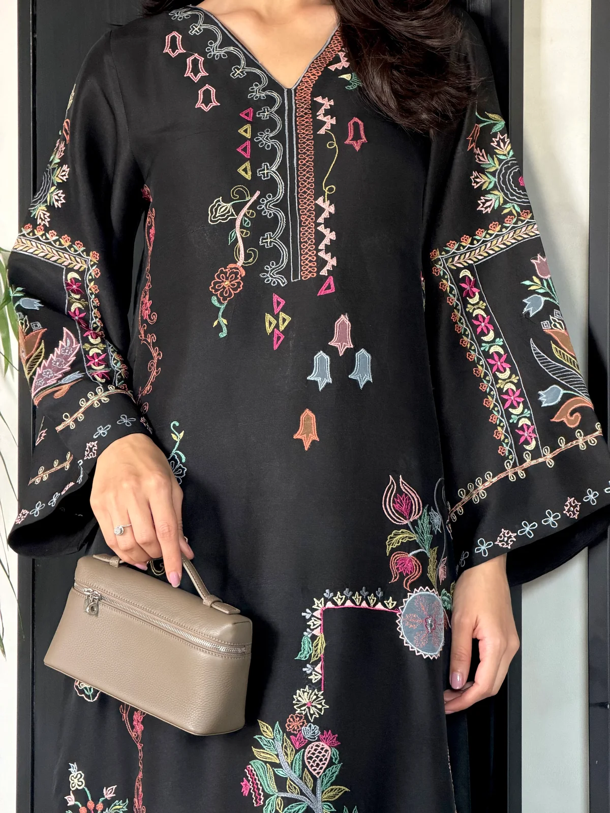 Black Kaftan Style Embroidered Set With Pant - Image 5