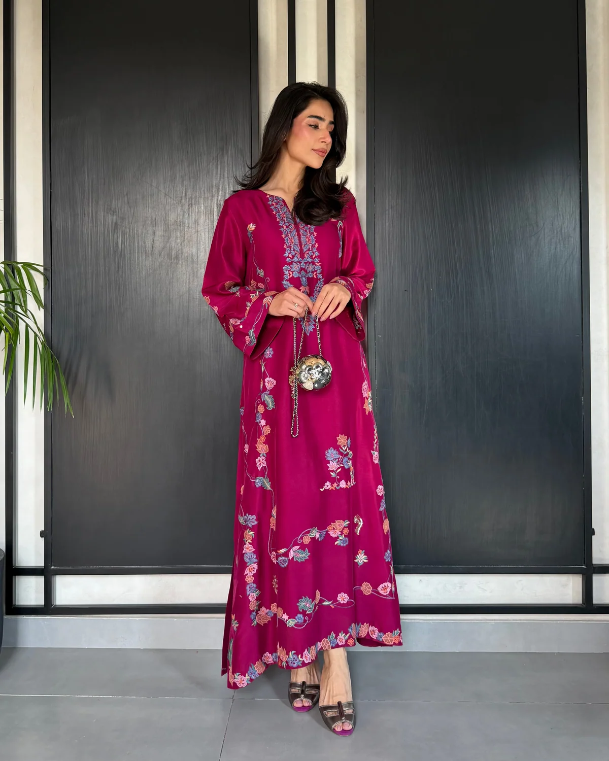 Magenta Kaftan Style Embroidered Set With Pant