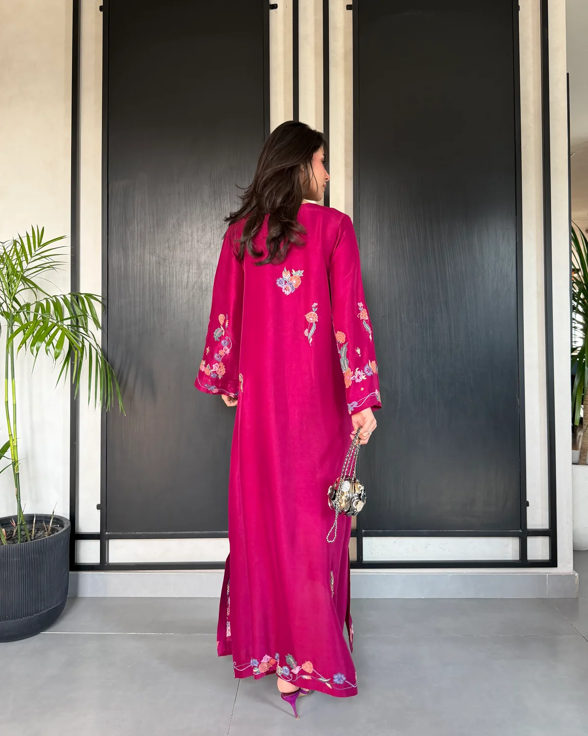 Magenta Kaftan Style Embroidered Set With Pant - Image 3