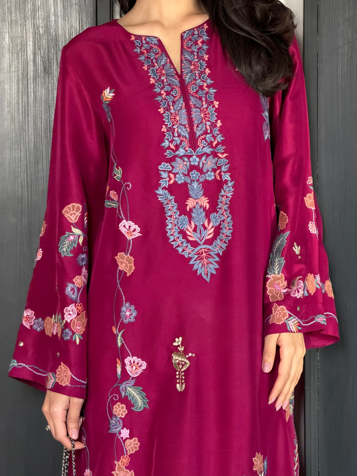 Magenta Kaftan Style Embroidered Set With Pant - Image 4