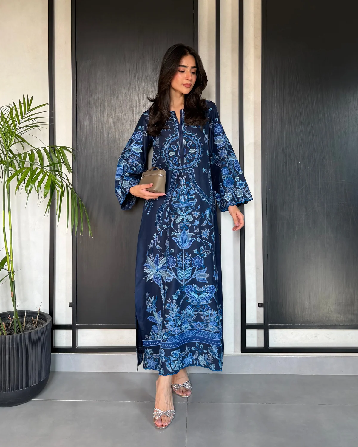 Deep Blue Kaftan Style Embroidered Set With Dupatta