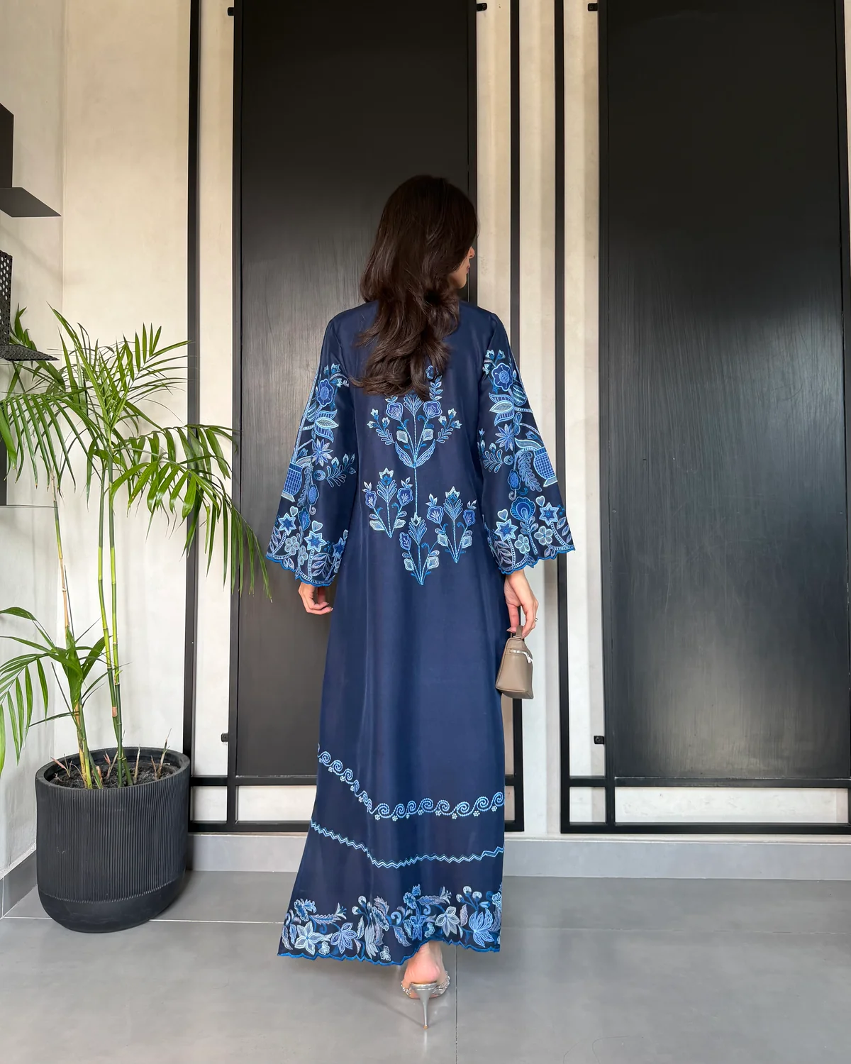 Deep Blue Kaftan Style Embroidered Set With Dupatta - Image 3