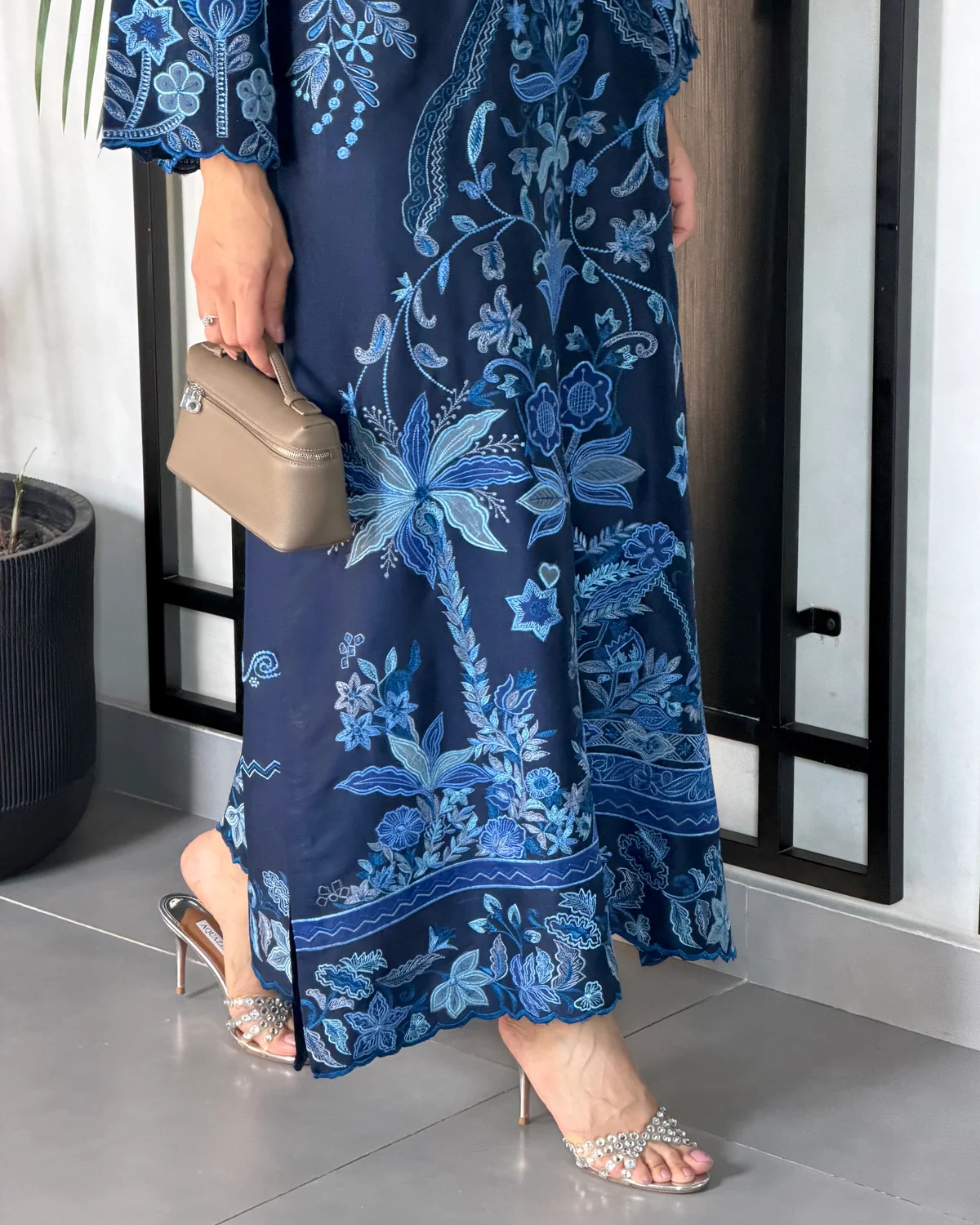 Deep Blue Kaftan Style Embroidered Set With Dupatta - Image 4