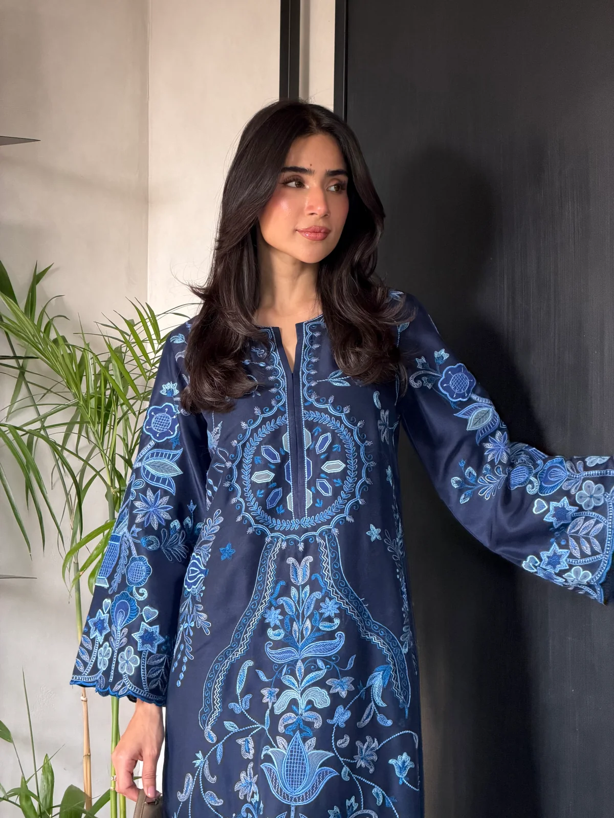 Deep Blue Kaftan Style Embroidered Set With Dupatta - Image 5