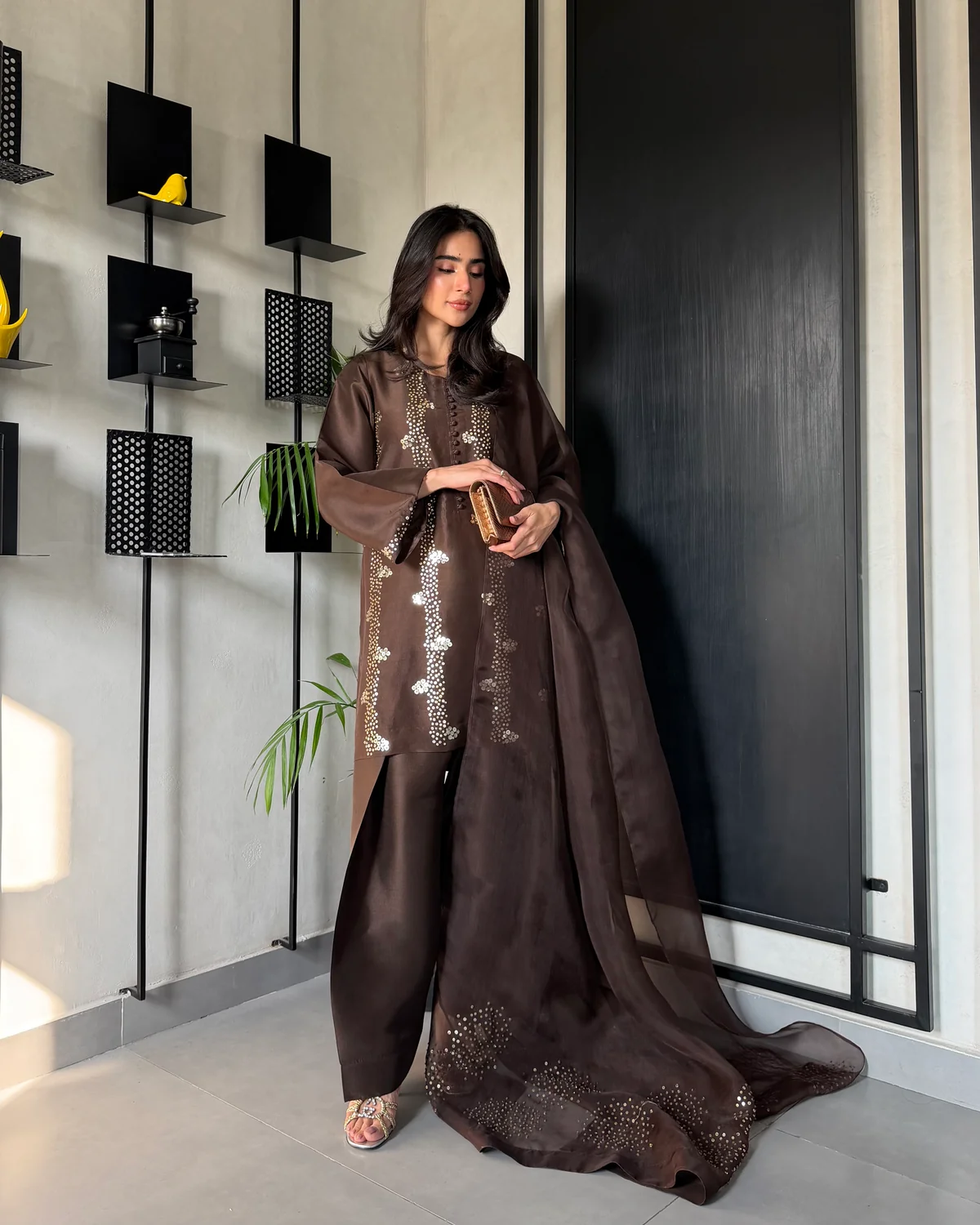 Rich Chocolate Brown Embroidered Farshi Salwar Suit Set With Dupatta